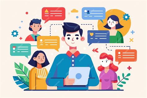 Ilustración de un profesional de trabajo social interactuando con una familia y niños.