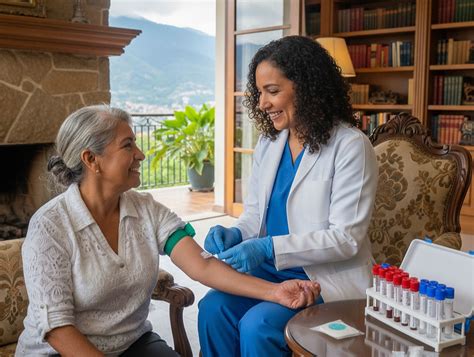 Profesional de la salud realizando toma de muestras sanguíneas en el domicilio de un paciente.