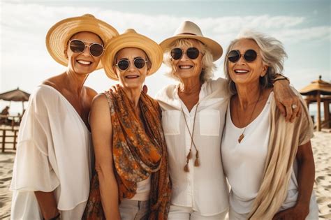 Fotografía de un grupo de amigas mayores sonriendo y disfrutando de un paisaje exótico
