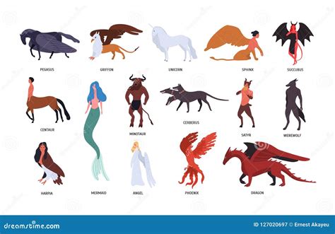 ilustracion de diversas criaturas mitologicas en un bosque frondoso