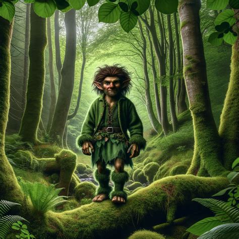 ilustracion de Ghillie Dhu vestido con hojas y musgo en un bosque de abedules