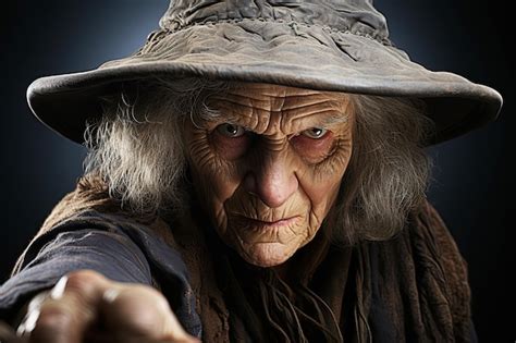 Representación artística de una bruja anciana con aire misterioso.
