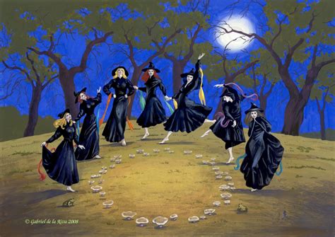 Ilustración de un aquelarre de brujas en un entorno nocturno.