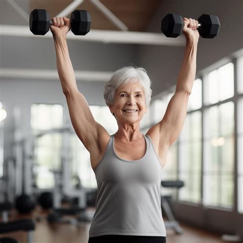 Mujer anciana sonriente y activa, Edna May Giordano, haciendo levantamiento de pesas ligeras en un gimnasio