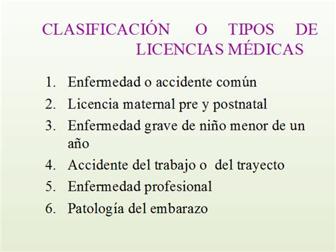 Esquema de tipos de licencias médicas y sus características principales