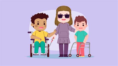 Ilustración de niños y adolescentes con discapacidad interactuando en un entorno seguro
