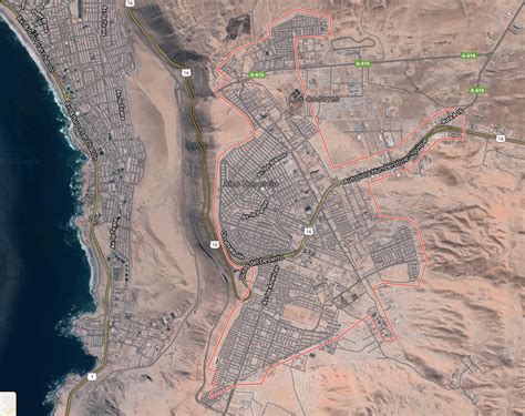 Mapa de Iquique y Alto Hospicio con posibles rutas de teleférico y zonas de riesgo urbano
