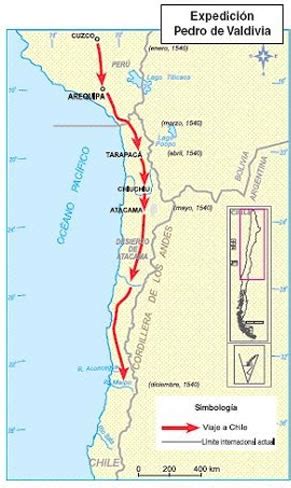 Mapa de la ruta de Pedro de Valdivia en la conquista de Chile