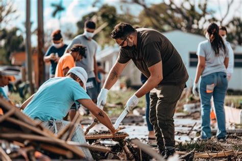 Personas ayudándose mutuamente en una comunidad afectada por desastre natural.