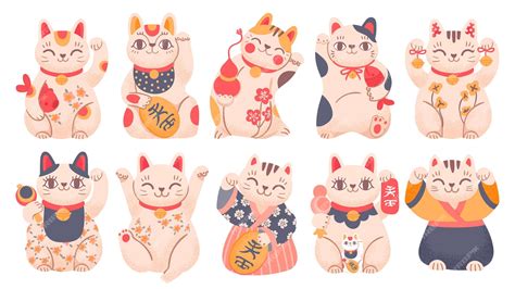 Ilustración de varios maneki-neko o gatos de la suerte