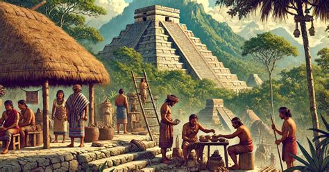 Representación de la antigua civilización maya, mostrando pirámides, templos y actividades diarias, destacando la mitología maya y la diosa de la luna.