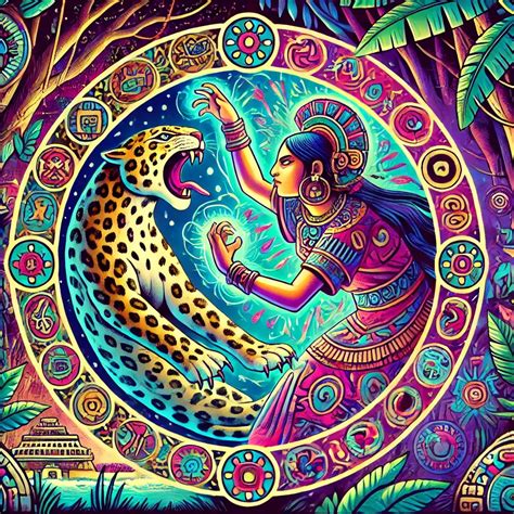 Ix Chel, diosa de la mitología maya, transformándose en un jaguar, mostrando su naturaleza dual como diosa de la luna y el tiempo.