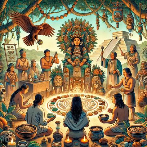 Representación de curanderos mayas realizando rituales medicinales bajo la guía de Ix Chel, la diosa de la medicina y la luna en la mitología maya.