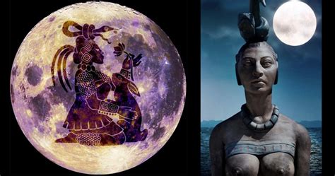Ix Chel, diosa maya de la luna, sentada en una media luna o llevando un conejo, simbolizando los ciclos lunares y la fertilidad.