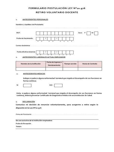 Formulario de postulación para el retiro docente