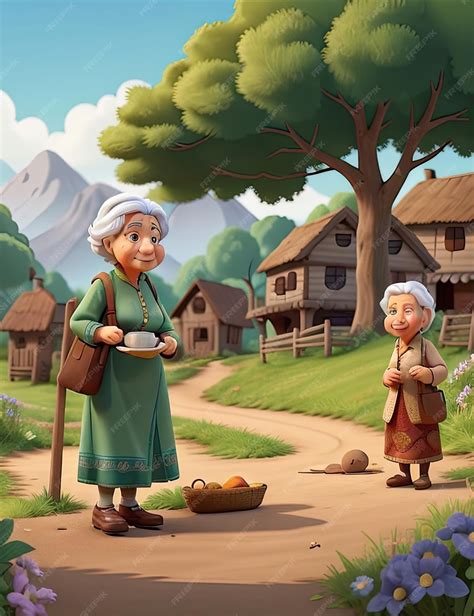 Ilustración de una anciana en las montañas del Tíbet con una gallina