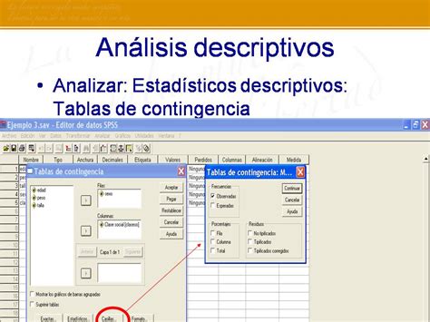 captura de pantalla de SPSS mostrando el menú Analizar > Estadísticos Descriptivos > Tablas de contingencia