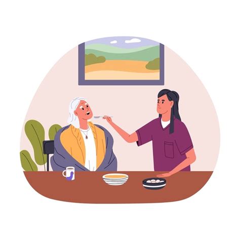 ilustración de un cuidador ayudando a una persona mayor a comer con texturas adaptadas