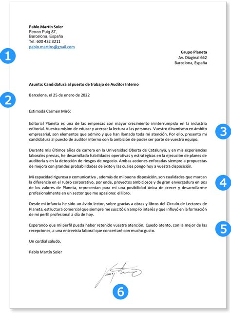 Esquema de las partes clave de una carta de presentación