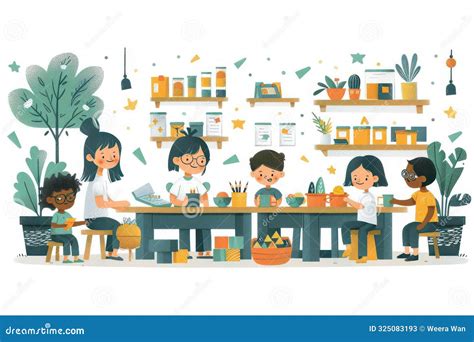 Ilustración de niños y educadores interactuando en un ambiente hogareño seguro