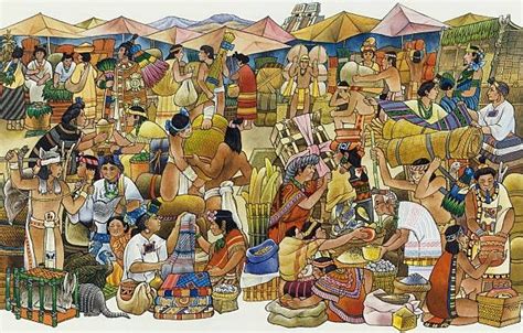 Ilustración de un bullicioso mercado azteca (tianguis) en Tenochtitlán, con variedad de productos y comerciantes.