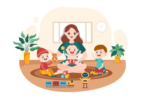 Ilustración de una babysitter interactuando felizmente con niños pequeños en un entorno seguro