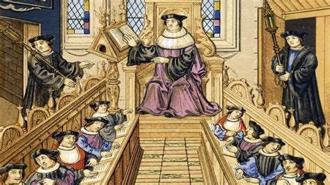 Ilustración de una escuela catedralicia o universidad medieval