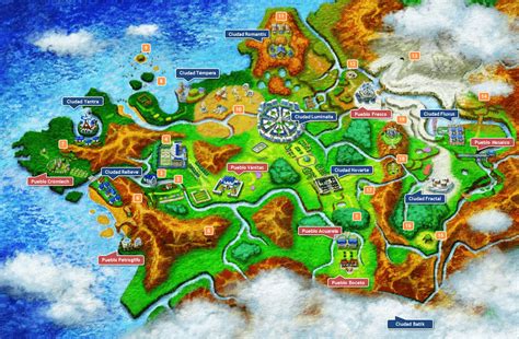 mapa de la región de Kalos con rutas destacadas