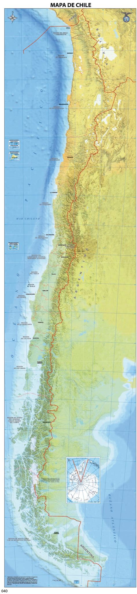 Mapa topográfico de Chile mostrando sus límites y características geográficas principales.