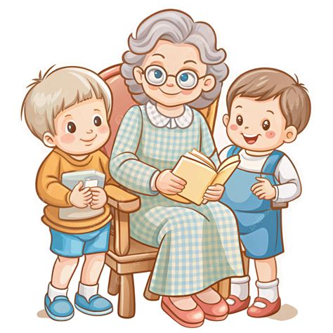 Ilustración de una abuela compartiendo tradiciones culinarias con sus nietos en una cocina hogareña.