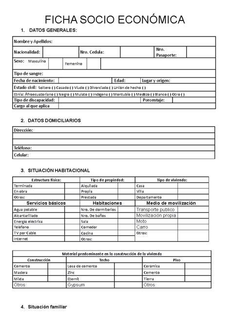 Esquema de ficha socioeconómica que complementa los datos de salud con el entorno habitacional y familiar.