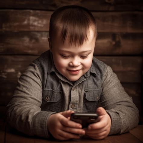 Niño con síndrome de Down mirando su teléfono inteligente