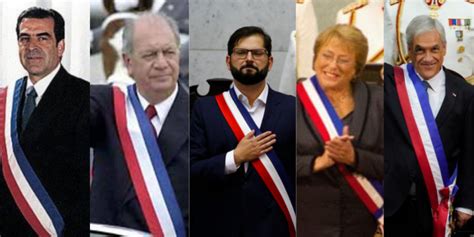 Foto de los presidentes de Chile desde el retorno a la democracia: Ricardo Lagos, Michelle Bachelet, Sebastián Piñera, Patricio Aylwin y Eduardo Frei Ruiz-Tagle.