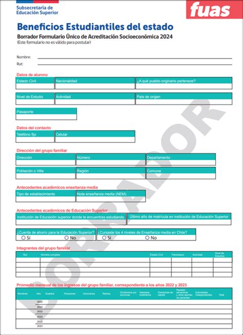 Captura de pantalla del formulario FUAS