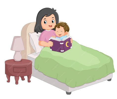 Niñera leyendo un cuento a un niño en la cama