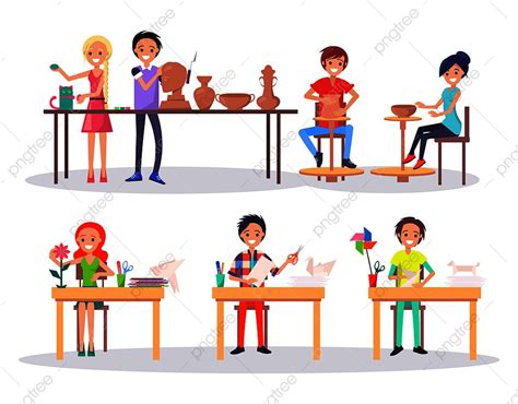 Ilustración de niños y adolescentes participando en diversos talleres educativos y recreativos