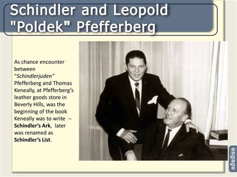 Fotografía de Thomas Keneally y Leopold Pfefferberg discutiendo la historia de Oskar Schindler