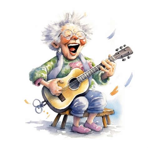 Foto de una anciana tocando la guitarra y cantando en un ambiente folclórico