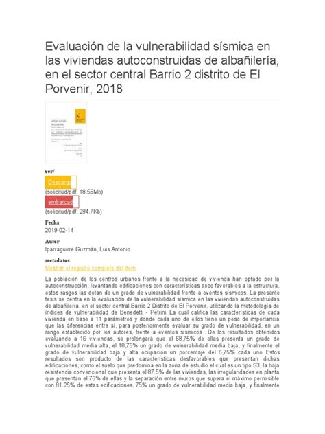 Infografía sobre índices de vulnerabilidad de Benedetti-Petrini aplicada a viviendas de mampostería