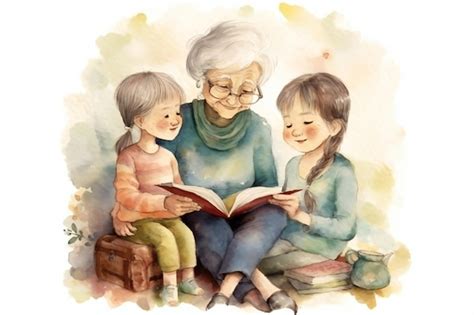 Ilustración de una abuela leyendo un libro de poemas a sus nietos