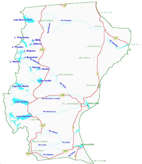Mapa de la Cuenca Carbonífera en Santa Cruz, mostrando Río Turbio y 28 de Noviembre