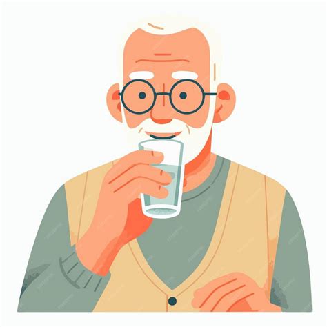 ilustración de una persona mayor bebiendo agua, con iconos que representan los beneficios de la hidratación.