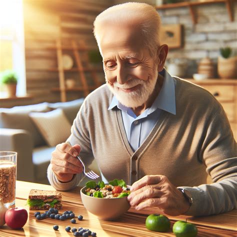 ilustración de una persona mayor de 90 años disfrutando de una comida equilibrada y apetitosa.