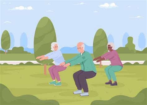 Ilustración de personas mayores realizando ejercicios suaves en un parque.