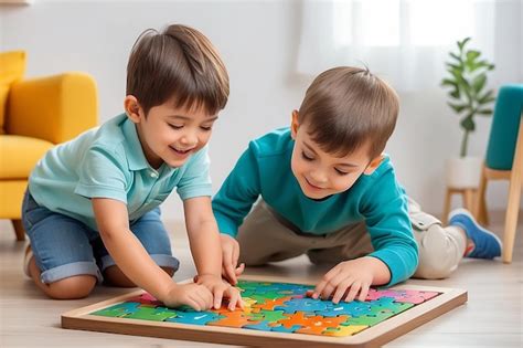 Ilustración de un niño y un adulto jugando con puzzles de madera, fomentando la comunicación