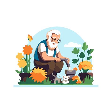 Ilustración de un jardinero anciano con un jardín exuberante y una niña sonriente