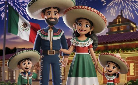 Familia celebrando Fiestas Patrias con banderas chilenas y vestimenta tradicional