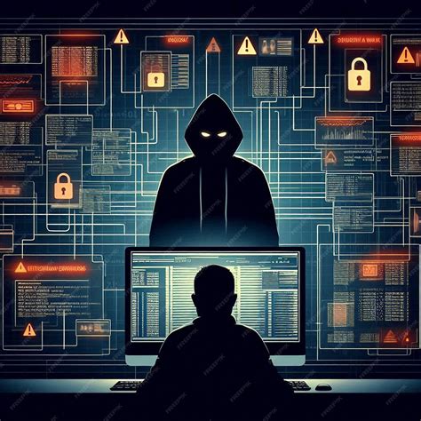 Ilustración de un hacker frente a una pantalla con código