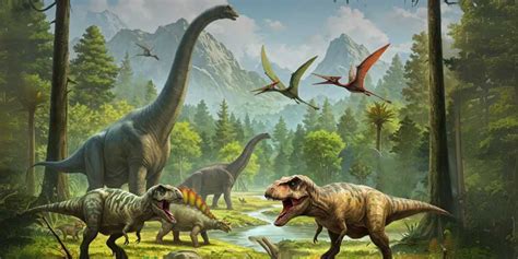 Ilustración de varios tipos de dinosaurios en su hábitat