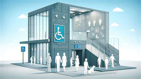 Ilustración de un edificio público con rampas y señalización accesible.